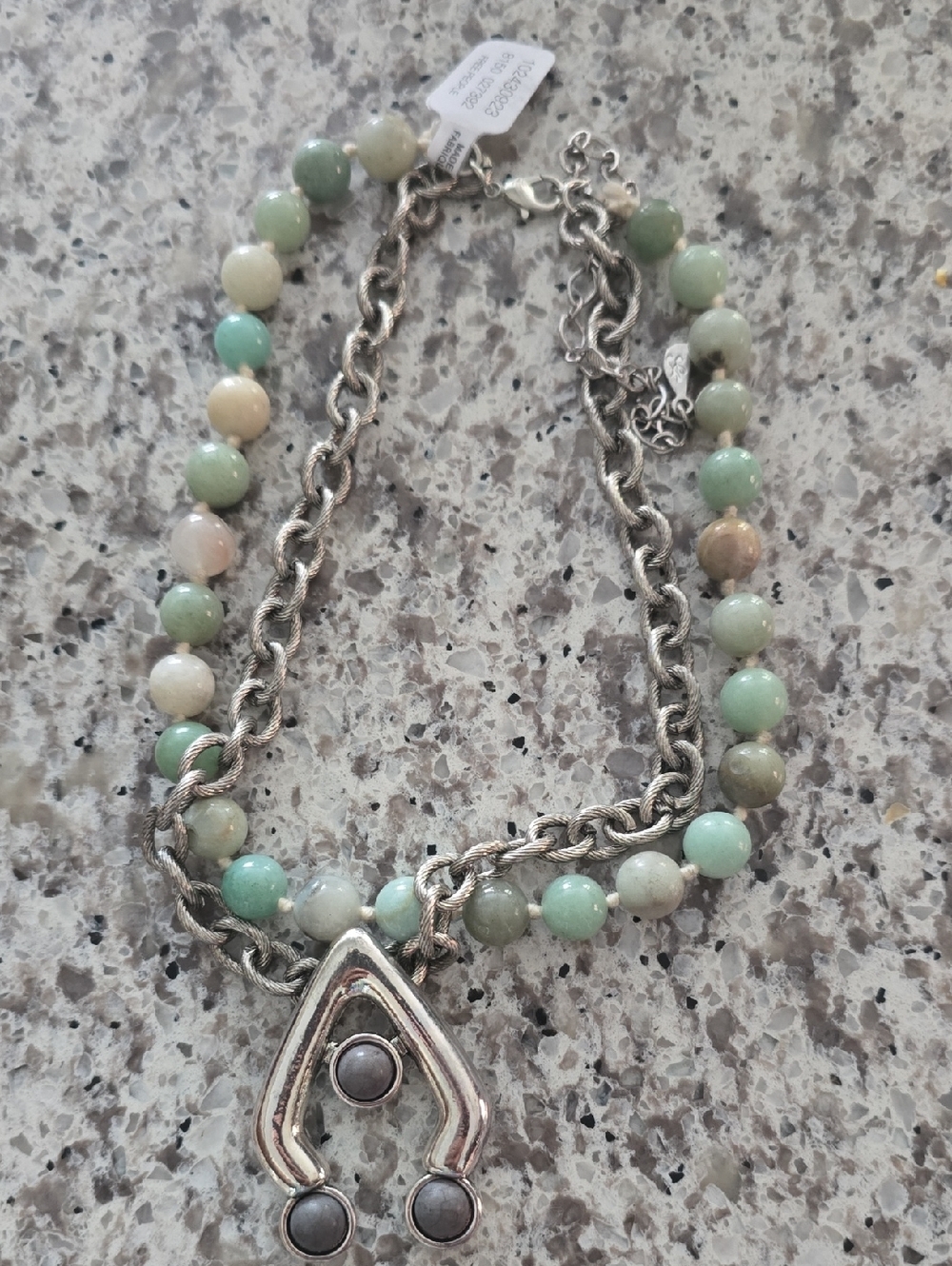 Green Beaded Statement Necklace with Silver Pendant